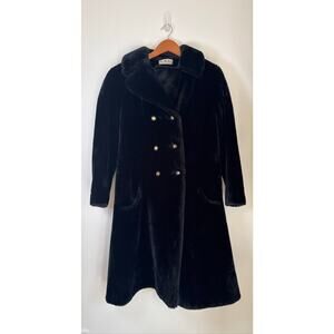 Borgana Vintage Faux Fur Double-Breasted Midi Coat in Black w/ Gold Chain Detail